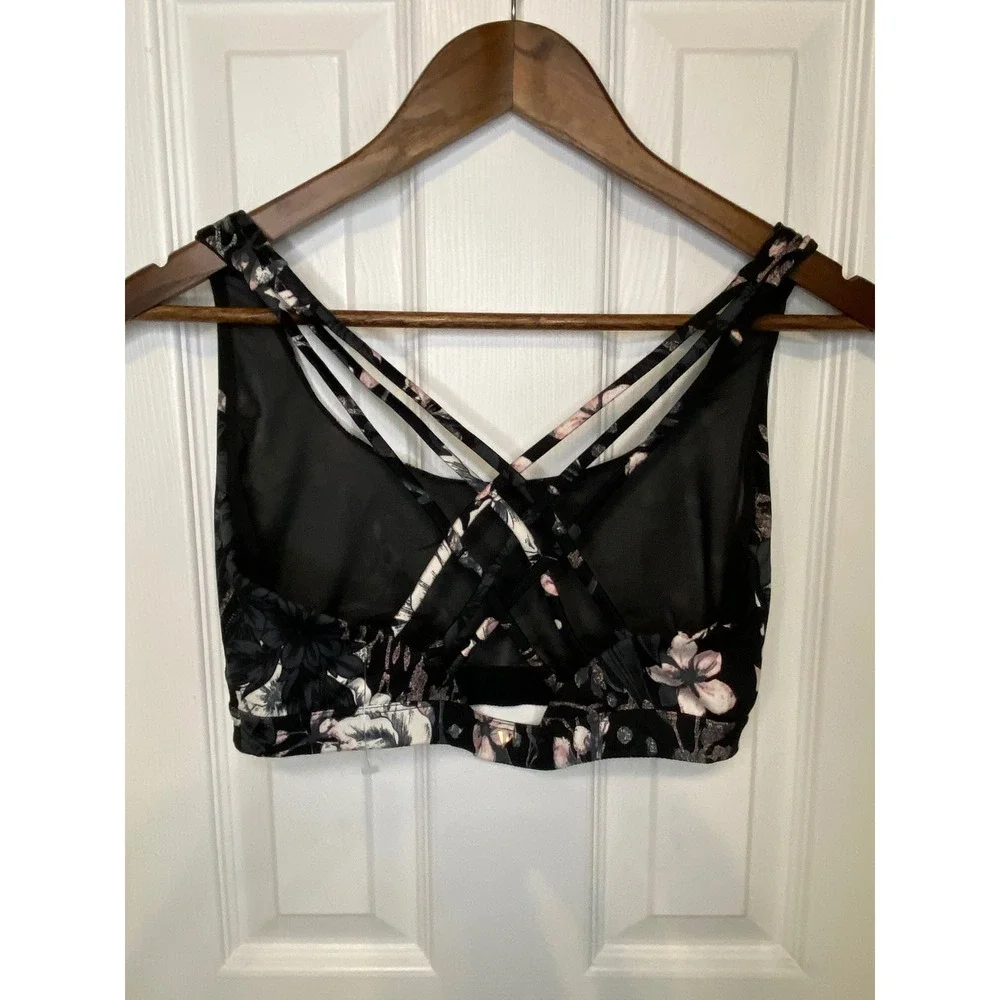 Victorias Secret Strappy Floral Sports Bra Black Pink Mesh Back Large Gym